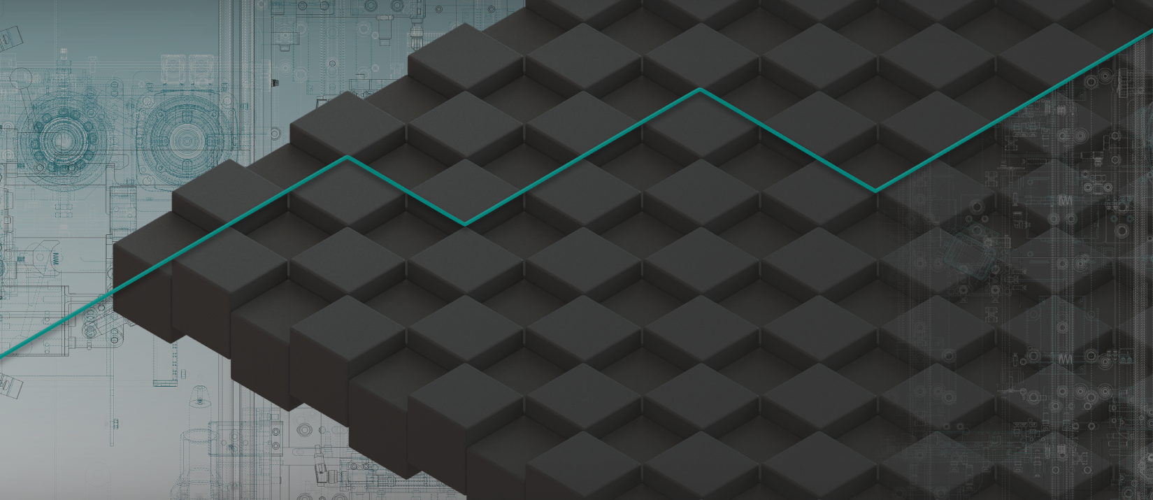 RAB-Elements blocks connected by a teal line over mechanical drawings
